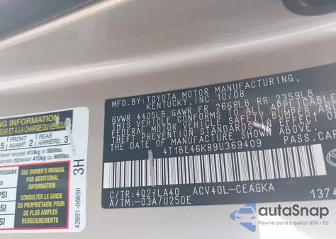 2009 Toyota Camry Xle z USA, uszkodzony, nr VIN 4T1BE46K89U369409